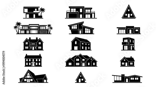 Real Estate Housing Black  White Glyphs. Modern  Traditional House Buildings Silhouettes Icons Set.