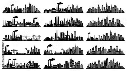 Industrial Cityscape Silhouettes, Factories, Skyscrapers, Vector Art