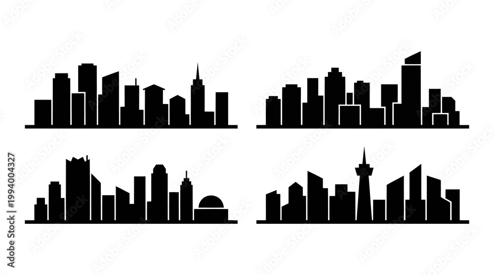 Fototapeta premium Black White City Skyline Silhouettes - Urban Architecture Vector Art