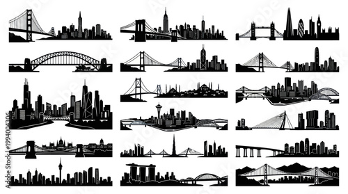 Travel Architecture City Skylines  Bridges Vector Silhouette Icons - World Famous Landmarks Set