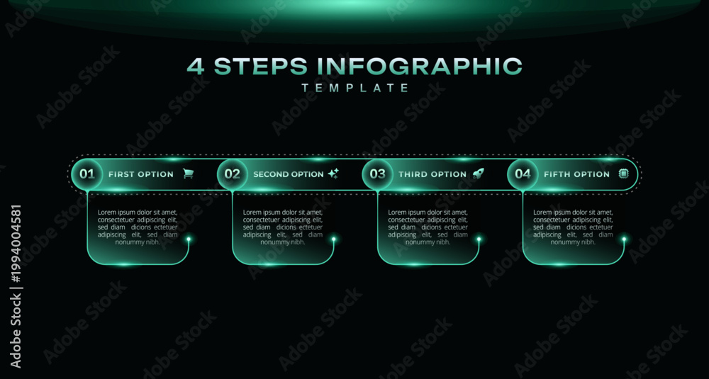 Naklejka premium Timeline social media marketing infographic template with 4 step journey in dark neon tech style. Modern presentation graph for business strategy, workflow, and data visualization.