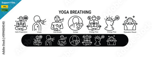 Yoga Breathing Concept with Pranayama, Meditation and Relaxation Illustration. outline icon set