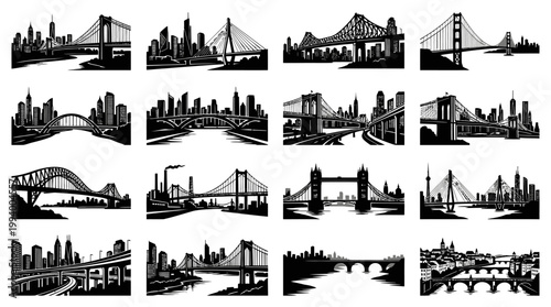 Architecture and Travel: City Bridges  Urban Skylines Monochrome Vector Silhouette Art