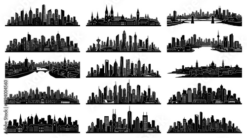 Black and White City Skylines Silhouettes, Modern Architecture Vector Art