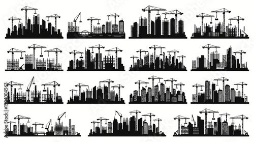 Black and White Silhouette of Construction Site with Cranes and Buildings