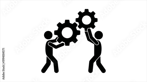 Stick figure teamwork connects gears, symbolizing unity and solving complex problems
