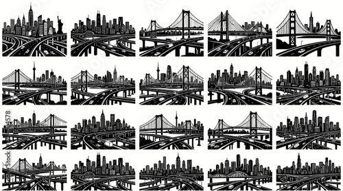 Urban Infrastructure Cityscape Highways Bridges Black White Vector Set