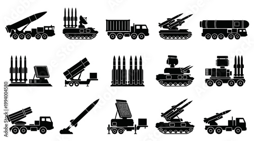 Military Missile Launcher and Defense Weapon Systems Glyph Icons Set