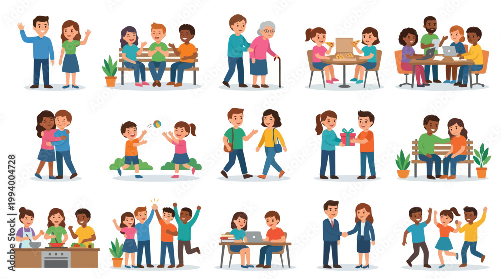 Fototapeta premium Flat Vector Illustration of Social Interactions, Friendship, and Community Life with Diverse People