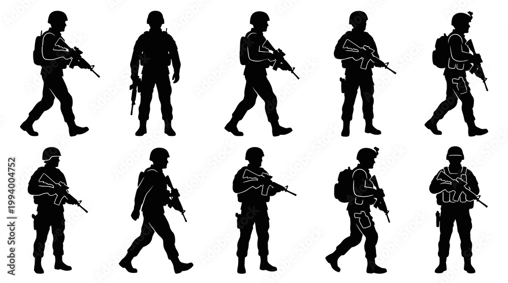 Obraz premium Military Soldiers Silhouettes with Weapons Vector Set - Army Security Glyph Illustration