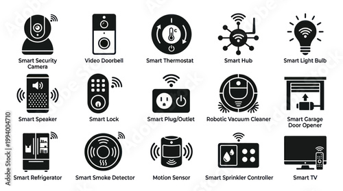 Smart Home Technology Glyph Icons Set: IoT Connected Devices and Automation