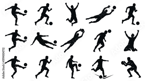 Football Soccer Players Silhouette Vector Set - Kick, Run, Goalie, Celebrate Icons