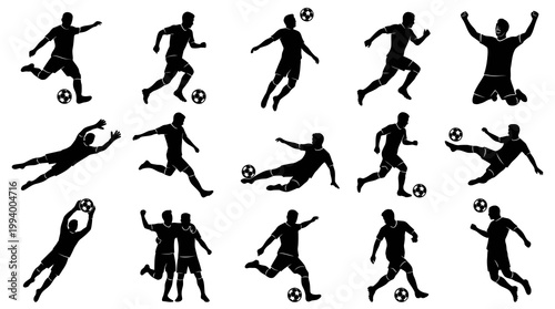 Football Soccer Players Vector Silhouettes Set. Dynamic Sport Poses Collection.