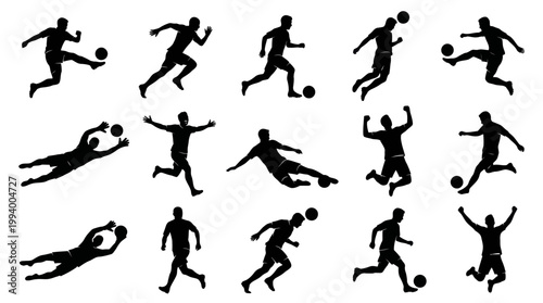 Soccer Players Silhouettes Vector Set - Football Glyph Icons in Various Poses and Actions