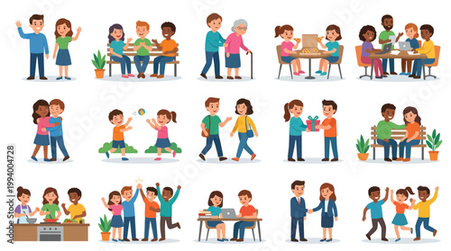 Flat Vector Illustration of Social Interactions, Friendship, and Community Life with Diverse People