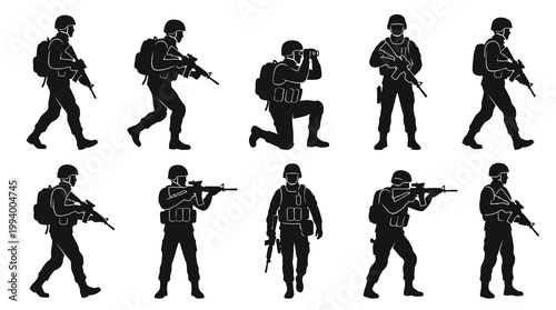 Military Army Soldiers Infantry Silhouette Vector Set with Rifles and Gear