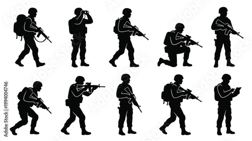 Military Soldiers Vector Silhouettes Set: Army Personnel with Rifles and Gear