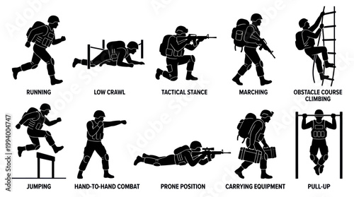 Military Soldier Training Icons: Running, Crawling, Combat, Obstacle Course, Fitness