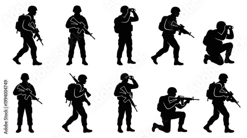 Military Soldiers Silhouette Vector Set with Army Personnel, Rifles, and Binoculars