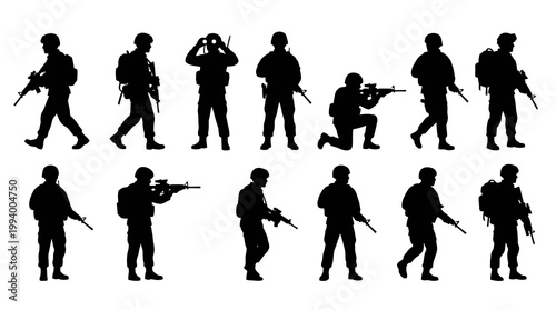 Black Vector Silhouette Soldiers Collection for Military, Army, and Defense Graphics