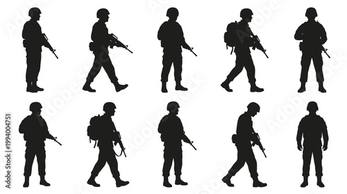 Silhouette soldiers with rifles, military action, vector illustration
