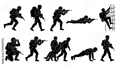 Military Silhouette Soldiers Action Poses Vector Graphics