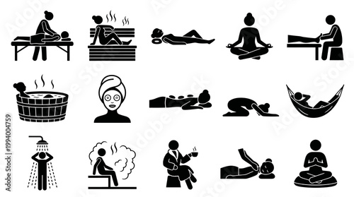 Wellness Spa Relaxation Self-Care Activities Black  White Glyph Vector Icon Set