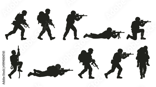 Army Soldiers Silhouettes Vector Set: Combat, Patrol, and Rescue Operations Glyph Art