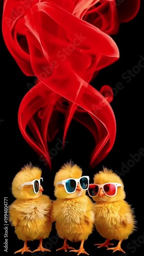 ひよこ三羽とサングラスが下部で映える赤煙と黒背景の炎デザイン縦動画素材