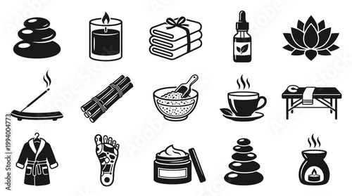 Wellness Spa Relaxation Beauty Glyph Icons Set. Therapy Massage Solid Monochrome Symbols.