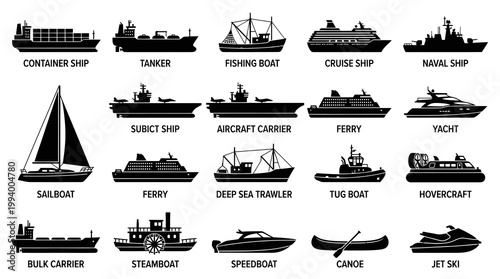 Black  White Vector Icons of Various Ships and Boats