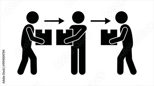 Stick figure illustration depicting a seamless package transfer and delivery process