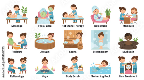 Spa and Beauty Treatments Flat Vector Icons Set. Wellness, Relaxation, and Health Activities