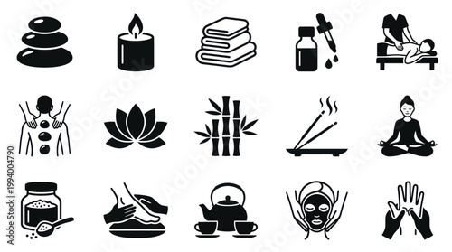 Spa and Wellness Black  White Glyph Icons Set - Relaxation, Beauty, and Therapy Symbols