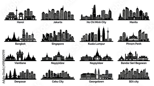 Asian City Skylines Silhouettes, Travel Landmarks, Vector Illustration