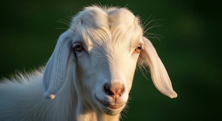 Close up photos of a white goat face on a green background