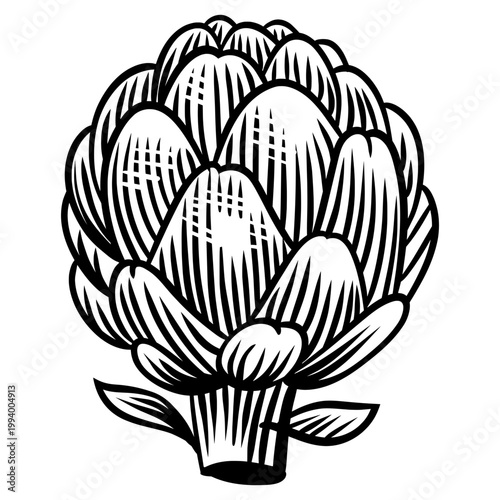 Fresh artichoke with layered petals and stem, bold woodcut linocut style vegetable illustration, detailed crosshatch botanical lineart isolated on background
