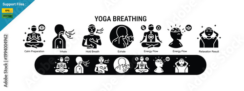 Yoga Breathing Concept with Pranayama, Meditation and Relaxation Illustration. glyph icon set