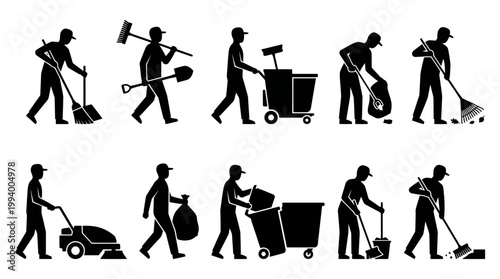 Cleaning Services Icons: Janitorial Staff with Mops, Brooms, Trash Cans, and Lawn Mower