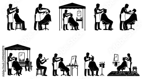 Barber Shop Hairdressing, Haircut and Shaving Services Glyph Silhouette Icons Set