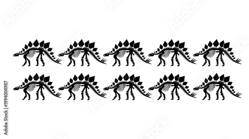 Black and White Stegosaurus Skeletons Silhouettes - Prehistoric Dinosaur Vector Art