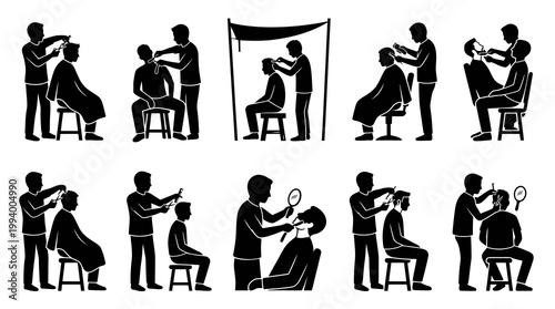 Barber Shop Haircut and Grooming Services Silhouette Glyph Icons Set
