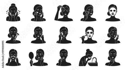 Skincare Routine Icons - Woman Applying Facial Treatments, Black  White Glyph