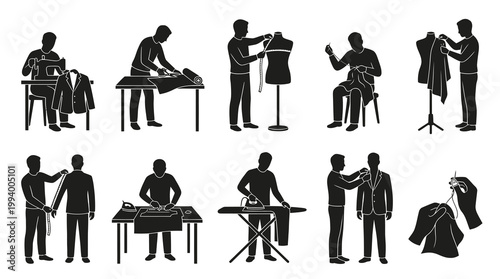Fashion Tailoring Process Glyph Silhouette Icons Set: Sewing, Fitting  Garment Making