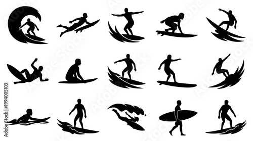 Surfing Sports Silhouette Vector Glyphs Set - Black Surfers Riding Ocean Waves