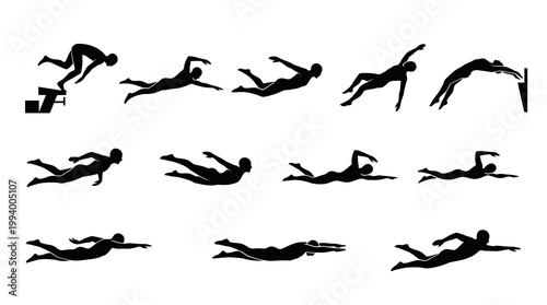 Swimming Athletes Black Silhouette Vector Icons Set - Diver and Swimmer Glyphs