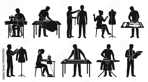 Tailor and Seamstress Silhouette Glyph Icons Set