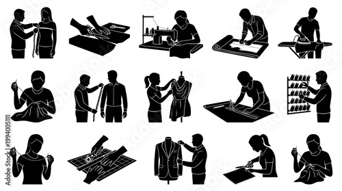 Tailoring Sewing Fashion Industry Glyph Vector Icons: Garment Production Process Silhouettes