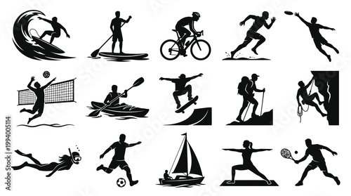 Sport and Outdoor Activities Silhouettes Vector Icons Set: Fitness, Recreation, Athletes, Lifestyle Collection