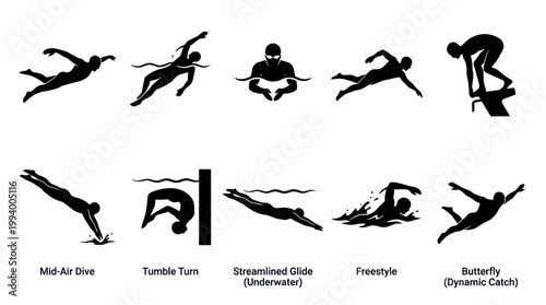 Black  White Swimming Silhouettes: Diving, Freestyle, Butterfly, Tumble Turn